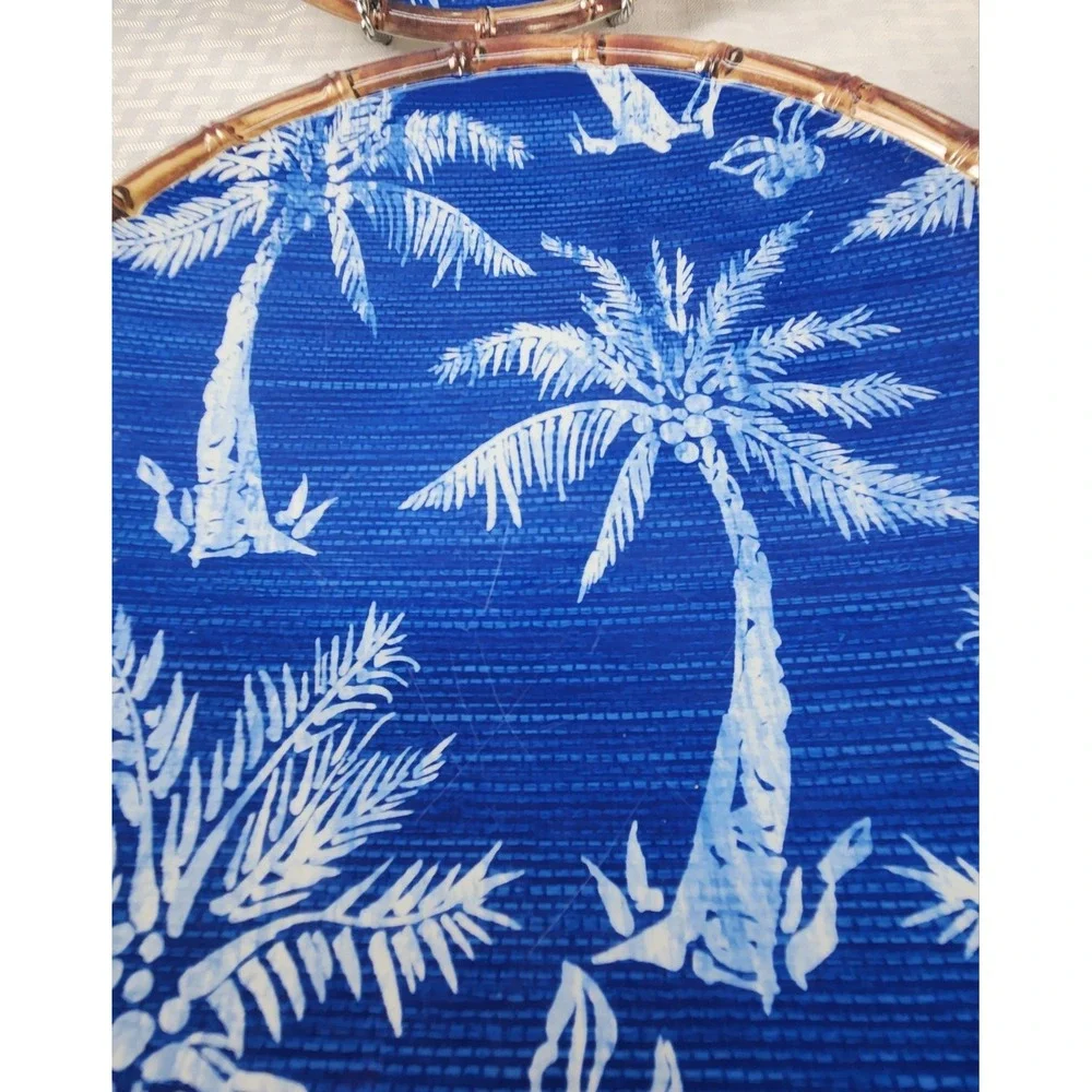 Member's Mark Cobalt Blue White Palm Trees Faux Rattan Trim 6 Melamine Plates